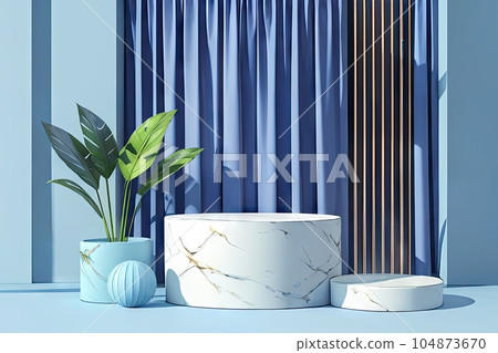 藍色講台、房屋模型和禮品盒3D抽象背景天空背景底座產品展示 藍色講台、房屋模型和禮品盒3D抽象背景天空背景底座產品展示 104873670