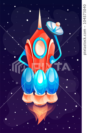 Colorful vector cartoon space icon of rocket at galaxy with stars background, icon for game 104873840