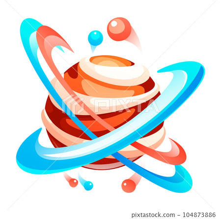 Cartoon icon of colorful planet with circles orbit, space game element isolated at white background 104873886