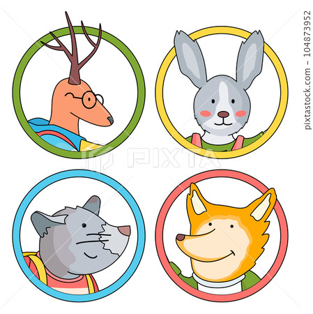 Collection of avatars of cute animals, portraits of deer in glasses, grey bunny, mouse, smiling fox 104873952