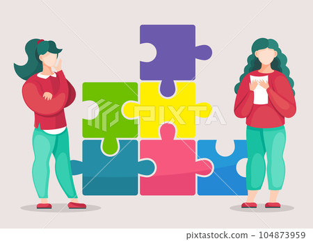 Two girls or businesswomen at colorful puzzle background, working together, teamwork cooperation 104873959