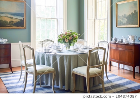 Dining room decor, interior design and house improvement, elegant table with chairs, furniture and classic blue home decor, country cottage style Dining room decor, interior design and house improvement, elegant table with chairs, furniture and classic blue home decor, country cottage style 104874087