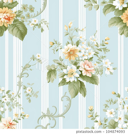 Seamless pattern, tileable English country style blue striped floral print for wallpaper, wrapping paper, scrapbook, fabric and product design Seamless pattern, tileable English country style blue striped floral print for wallpaper, wrapping paper, scrapbook, fabric and product design 104874093