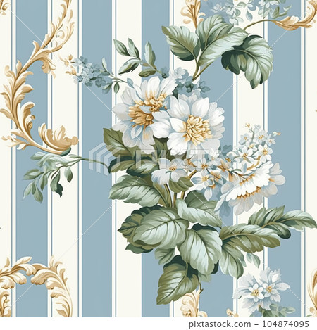 Seamless pattern, tileable English country style blue striped floral print for wallpaper, wrapping paper, scrapbook, fabric and product design Seamless pattern, tileable English country style blue striped floral print for wallpaper, wrapping paper, scrapbook, fabric and product design 104874095