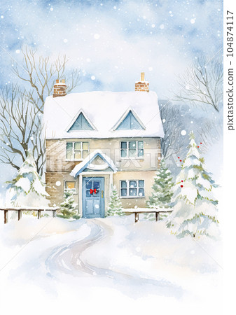 Merry Christmas and Happy Holidays, watercolour printable art print, English countryside cottage as snow winter holiday Christmas card, thank you and diy greeting card design, country style Merry Christmas and Happy Holidays, watercolour printable art print, English countryside cottage as snow winter holiday Christmas card, thank you and diy greeting card design, country style 104874117