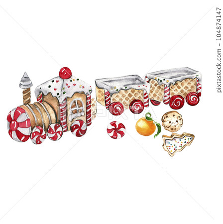 Set of elements for Christmas. Gifts, cupcake, cake, cookies, fir branches. Watercolor hand drawn illustration. Winter holiday. 104874147