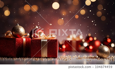 Red Christmas decorative balls and boxes of presents with bows on sparkling background with golden blurred lights. Generative AI 104874459