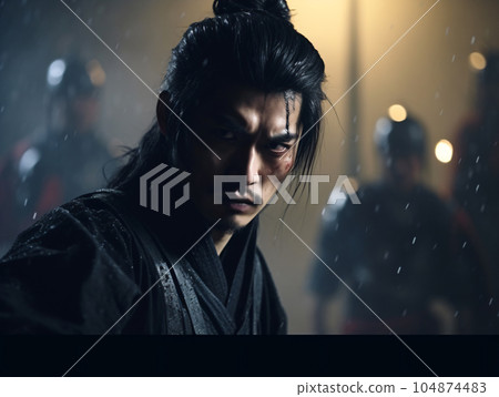 A fearless samurai who glares at his enemies on the battlefield 104874483