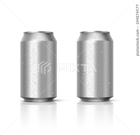 Aluminum cans with water drops isolated on white background. Empty template mockup for beer, alcohol, soft drinks, soda, energy drink. Advertising and presentation vector 3D realistic design elements 104874577