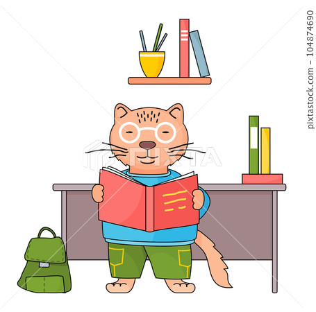 Cartoon animal student or teacher. Smart cat in glasses with a book in his hands reads at a lesson 104874690