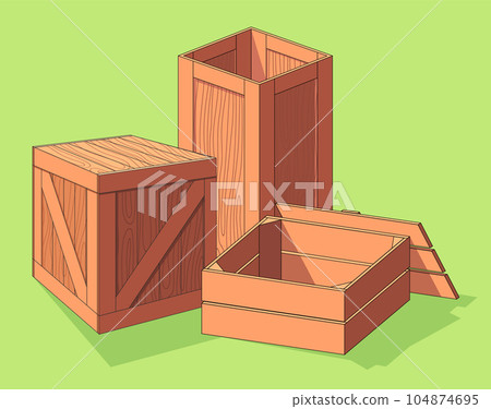 Wooden box isometric vector set icon. Pallets fruits and vegetables transportation containers 104874695