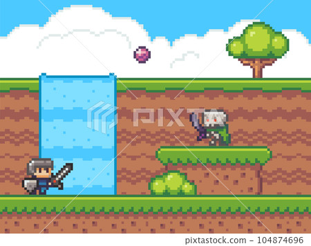 Pixel game, knight with sword throwing ball into monster skeleton, 2d texture, waterfall, nature Pixel game, knight with sword throwing ball into monster skeleton, 2d texture, waterfall, nature 104874696