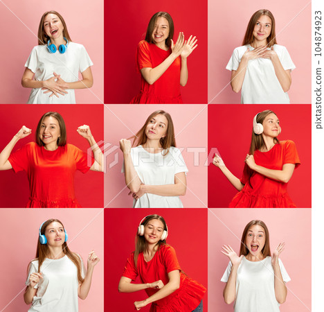 Collage made of portrait of young beautiful girl posing with different emotions against pink and red studio backgrounds 104874923