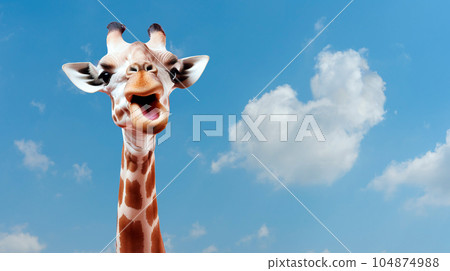 The head of a funny giraffe against the sky. 104874988