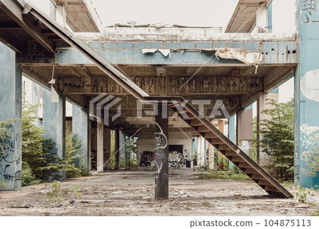 Beside the old metal staircase is in the abandoned buildings and was left to deteriorate over years. 104875113