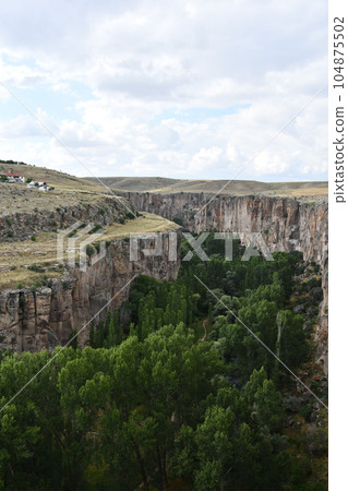 Vertical view of the Ihlara valley with cliff edge and forest in Aksaray, Central Anatolia, Turkey Vertical view of the Ihlara valley with cliff edge and forest in Aksaray, Central Anatolia, Turkey 104875502