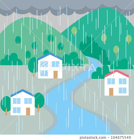 大雨暴雨洪水山體滑坡插畫_雨山江河的住宅區插畫 104875549