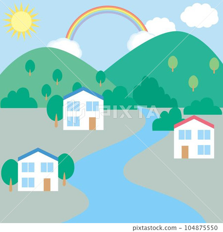 Heavy rain torrential rain flood landslide disaster illustration _ fine weather _ scenery with a river and mountains in a sunny sky with a rainbow Heavy rain torrential rain flood landslide disaster illustration _ fine weather _ scenery with a river and mountains in a sunny sky with a rainbow 104875550