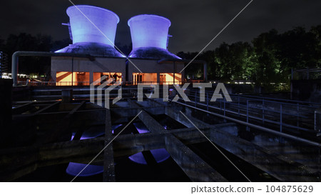 Light installation at the cooling towers in the Westpark in Bochum, Germany. Light installation at the cooling towers in the Westpark in Bochum, Germany. 104875629