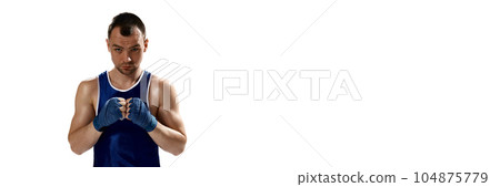Portrait of young muscular, professional boxer posing in uniform isolated over white background. Banner 104875779