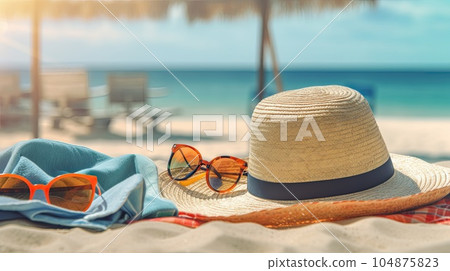 Picture-perfect beach setting 3d illustration - Generative AI. 104875823