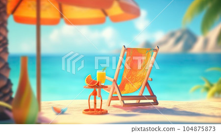 A relaxing beach scene 3d illustration - Generative AI. A relaxing beach scene 3d illustration - Generative AI. 104875873
