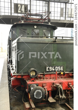 Vertical shot of a historic traditional locomotive at the museum station 104875971
