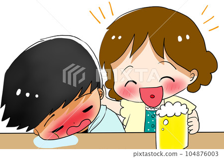 Drunk man sleeping and woman drinking beer 104876003