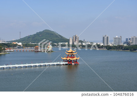 Drone shot of a small pagoda at Lotus Pond in Kaohsiung, Taiwan Drone shot of a small pagoda at Lotus Pond in Kaohsiung, Taiwan 104876016