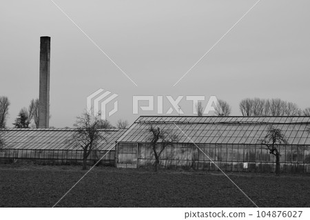 Low-angle view of an old glass greenhouse and chimney near Meerbusch, Germany 104876027