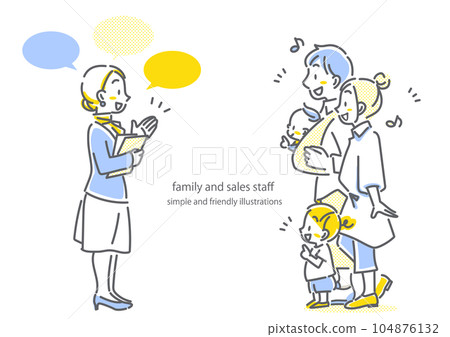 一家四口和一位女工作人員講解簡單時尚的線條畫 104876132