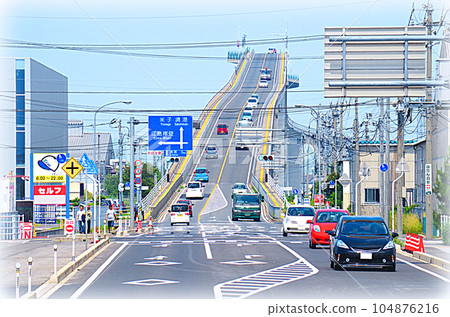 Uphill road of Eshima Ohashi Bridge and traffic of cars seen from Shimane Prefecture side (Illustration style) 104876216