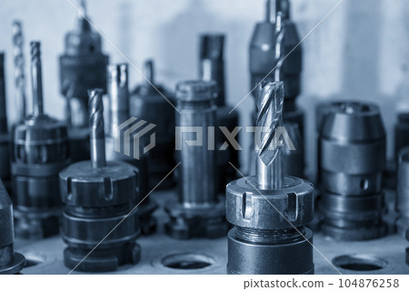 Close-up scene group of the used coating solid end mill. Close-up scene group of the used coating solid end mill. 104876258