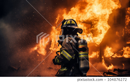 Firefighters extinguish a fire. Using Twirl water fog type fire extinguisher to fighting with the fire flame from oil to control fire not to spreading out. Firefighter and industrial safety concept Firefighters extinguish a fire. Using Twirl water fog type fire extinguisher to fighting with the fire flame from oil to control fire not to spreading out. Firefighter and industrial safety concept 104876272