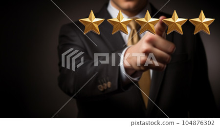 Customer evaluation feedback. men in suit Giving Positive Review for Client's Satisfaction Surveys. giving a five star rating. Service rating, satisfaction concept. 104876302