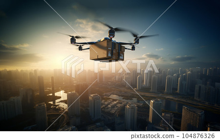 Drone delivering package.Package cardboard box drones fly above sky in the city,business concept and air transportation industry, through rapid delivery,Unmanned aircraft robot to home,and controlled Drone delivering package.Package cardboard box drones fly above sky in the city,business concept and air transportation industry, through rapid delivery,Unmanned aircraft robot to home,and controlled 104876326