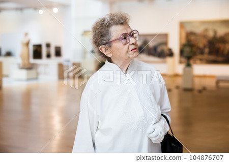 Woman looks at paintings at an exhibition Woman looks at paintings at an exhibition 104876707