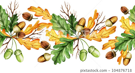 watercolor seamless border with leaves, acorns and branches of oak, green and yellow autumn set, hand draw illustration isolated on white background 104876718
