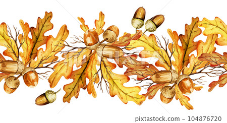 watercolor seamless border with autumn oak leavesand seeds, hand drawn illustration of yellow and brown oak leaves and acorns, sketch isolated on white background 104876720