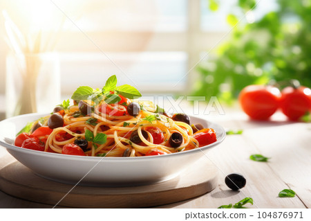 Spaghetti alla puttanesca with tomatoes, olives, capers and parsley on wooden table. Italian food 104876971