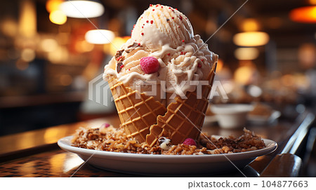 Delicious ice cream in a waffle cup or cone with syrup and berries on the background of cafe or restaurant interior Delicious ice cream in a waffle cup or cone with syrup and berries on the background of cafe or restaurant interior 104877663