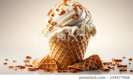 Delicious ice cream in a waffle cup or cone with syrup and berries on the background of cafe or restaurant interior Delicious ice cream in a waffle cup or cone with syrup and berries on the background of cafe or restaurant interior 104877666