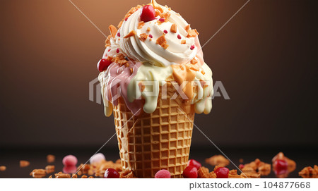 Delicious ice cream in a waffle cup or cone with syrup and berries on the background of cafe or restaurant interior 104877668