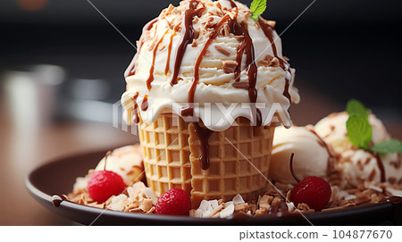 Delicious ice cream in a waffle cup or cone with syrup and berries on the background of cafe or restaurant interior 104877670