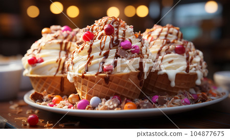 Delicious ice cream in a waffle cup or cone with syrup and berries on the background of cafe or restaurant interior 104877675