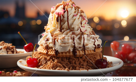 Delicious ice cream in a waffle cup or cone with syrup and berries on the background of cafe or restaurant interior Delicious ice cream in a waffle cup or cone with syrup and berries on the background of cafe or restaurant interior 104877677