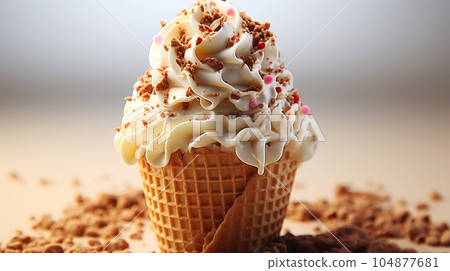 Delicious ice cream in a waffle cup or cone with syrup and berries on the background of cafe or restaurant interior Delicious ice cream in a waffle cup or cone with syrup and berries on the background of cafe or restaurant interior 104877681