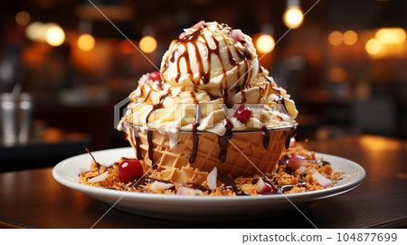 Delicious ice cream in a waffle cup or cone with syrup and berries on the background of cafe or restaurant interior 104877699