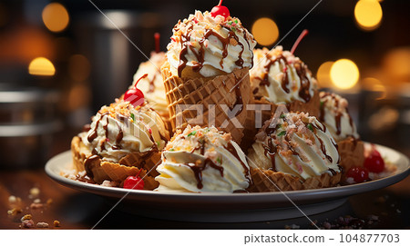 Delicious ice cream in a waffle cup or cone with syrup and berries on the background of cafe or restaurant interior Delicious ice cream in a waffle cup or cone with syrup and berries on the background of cafe or restaurant interior 104877703
