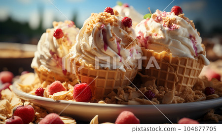 Delicious ice cream in a waffle cup or cone with syrup and berries on the background of cafe or restaurant interior Delicious ice cream in a waffle cup or cone with syrup and berries on the background of cafe or restaurant interior 104877705